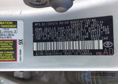 2014 Toyota Corolla L from USA, damaged, VIN 2T1BURHE8EC116593